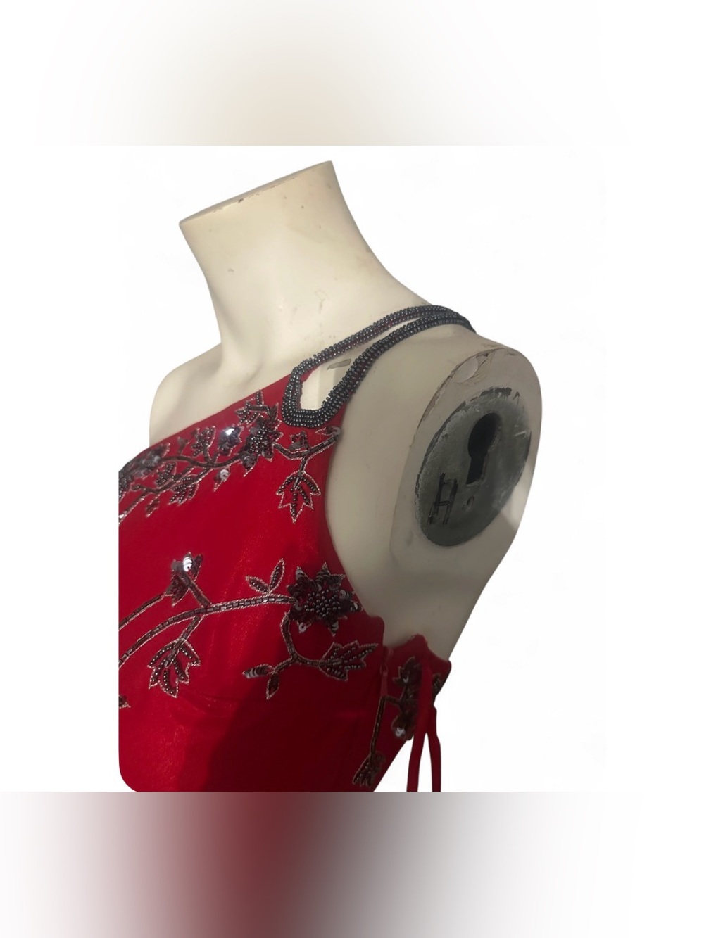 Vintage Scala Red maxi dress with black floral embroidery, 100% silk size XS - Picture 5 of 9